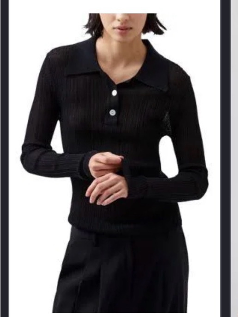 French Connection Black Ribbed Long-Sleeve Polo Top